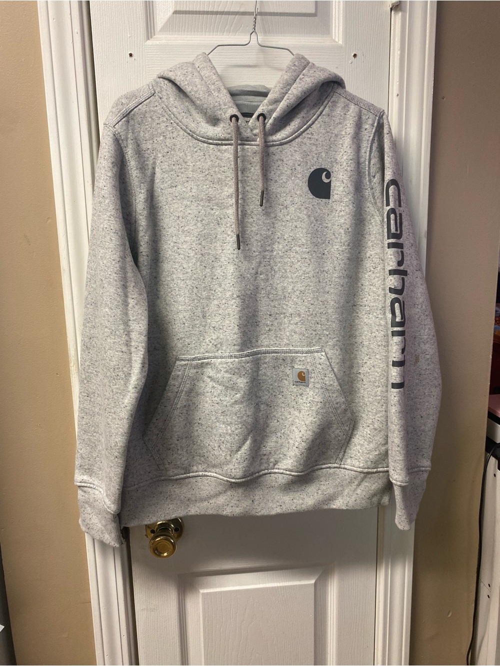 Carhartt Heather Gray Pullover Hoodie with Logo Sleeve. Has A Spot On The Sleeve